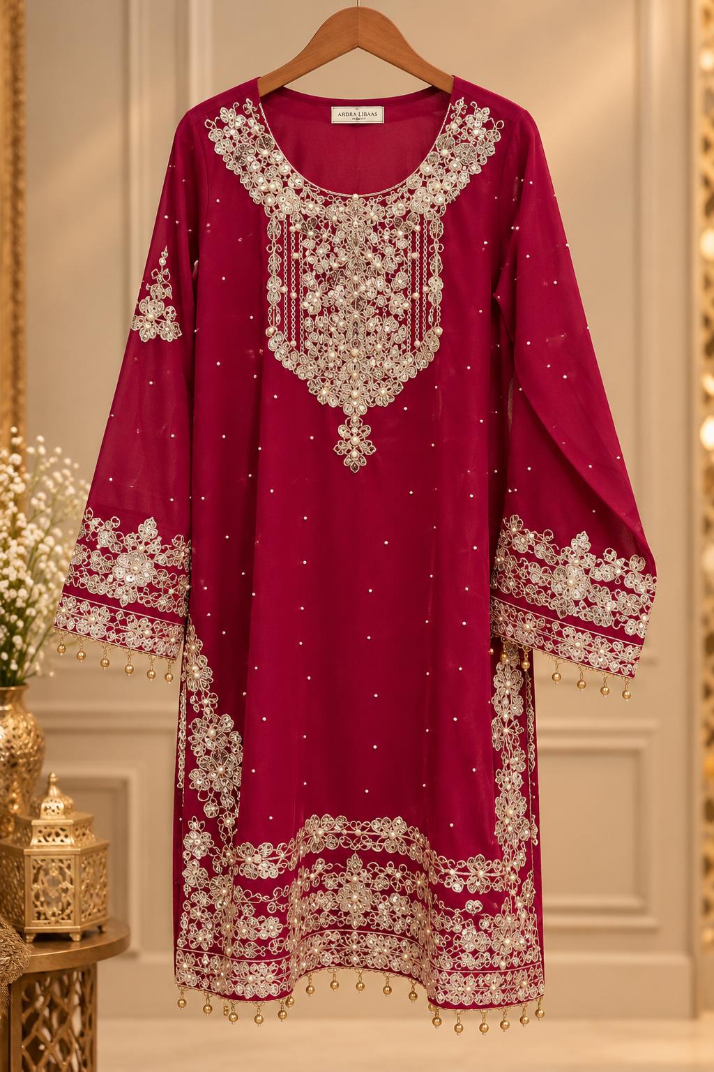 Maroon Velvet Kurta with Gold Zari Work & Taupe Sharara