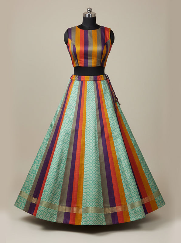 Mint Patola Fusion Lehenga With Striped Blouse