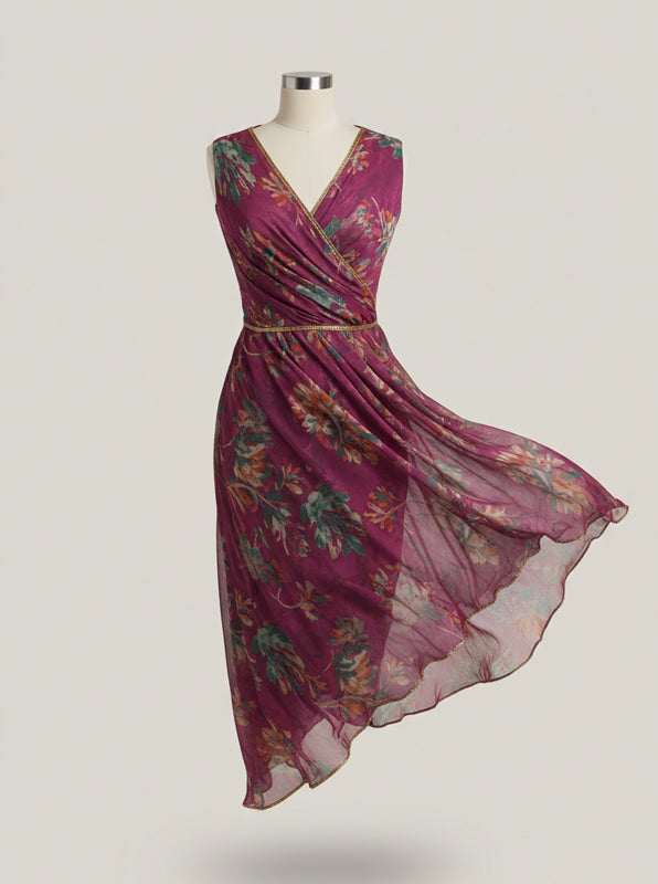 Purple Lotus Chiffon Draped Tunic With Metallic Accents