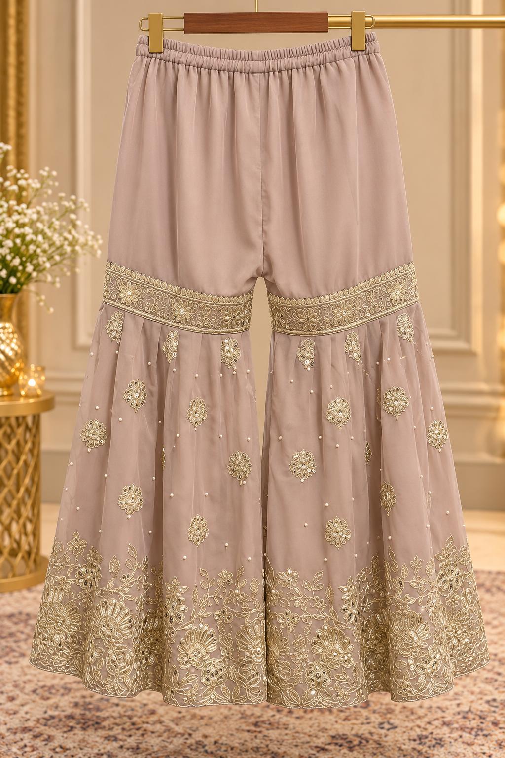 Maroon Velvet Kurta with Gold Zari Work & Taupe Sharara