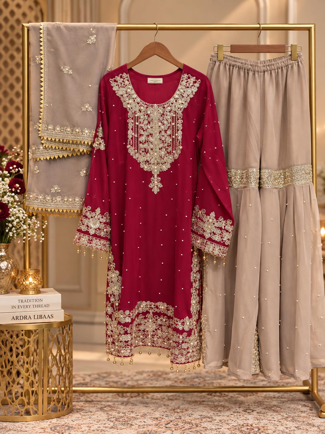 Maroon Velvet Kurta with Gold Zari Work & Taupe Sharara