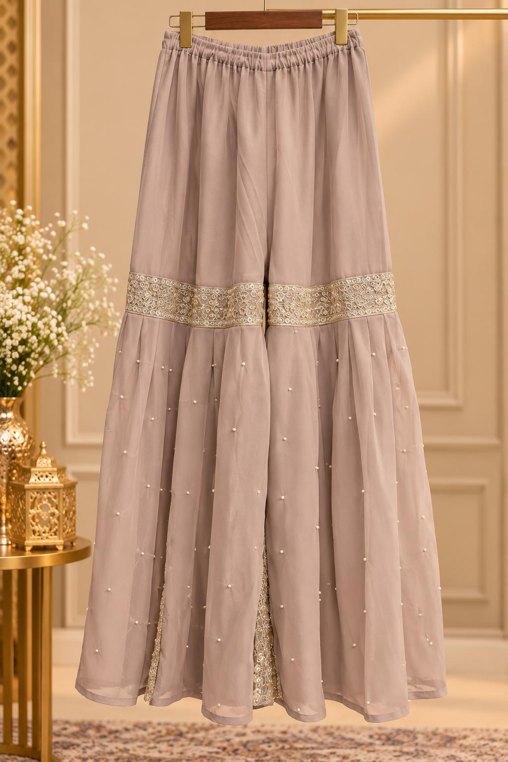 Maroon Velvet Kurta with Gold Zari Work & Taupe Sharara